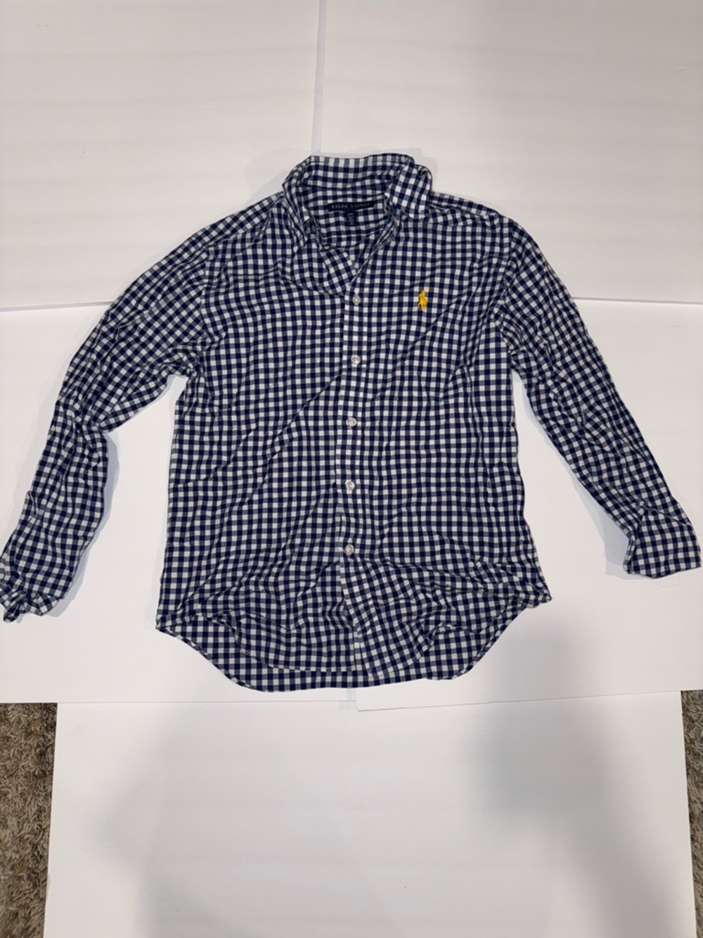Ralph Lauren Navy & White Gingham Button-Down Shirt with Yellow Polo Logo
